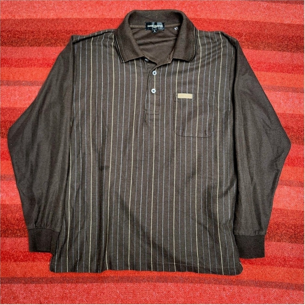 90s Claudio Valentino Paris Retro Long Sleeve Knit Polo Mens L Brown Italian